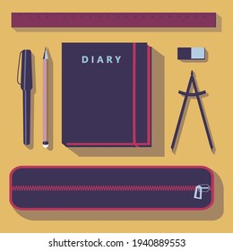 Vector illustration of the choice of the necessary things for study and education. The poster shows a diary, pencil, pen, circus, eraser and pencil case. Poster for study.