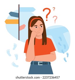 Vector illustration of choice of way, doubt. Cartoon scene with a girl in thought about which way to go to her dream on white background.