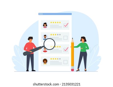 Vector Illustration Of Choice Of Worker Or Personnel. Concept Of Choosing Best Candidate For Job. Man And Woman Standing In Front Of List Of Job Applicants.