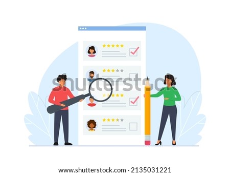 Vector illustration of choice of worker or personnel. Concept of Choosing best candidate for job. Man and woman standing in front of list of job applicants.