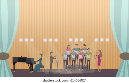 Vector illustration of choir with conductor performing on stage of concert hall with accompaniment of piano and saxophone. Flat style design.