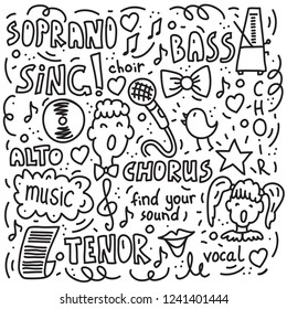 Vector illustration of choir performance doodles set. Concept for postcards, invitations, poster prints. 