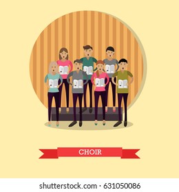 Vector illustration of choir singing without accompaniment. Group of young singers male and female in flat style.