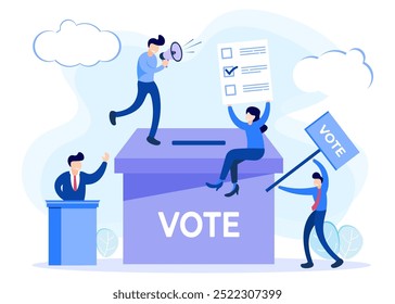 Vector illustration of choosing candidates, citizens voting and determining candidates. Symbolic referendum and poll choice event.