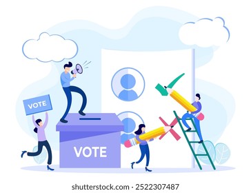 Vector illustration of choosing candidates, citizens voting and determining candidates. Symbolic referendum and poll choice event.