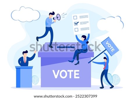 Vector illustration of choosing candidates, citizens voting and determining candidates. Symbolic referendum and poll choice event.