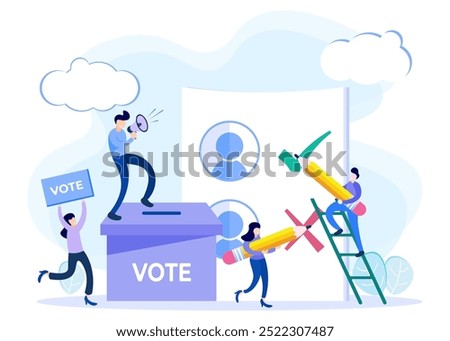Vector illustration of choosing candidates, citizens voting and determining candidates. Symbolic referendum and poll choice event.