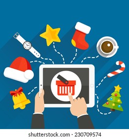 Vector illustration of choosing a Christmas or New Year gift online store with a tablet