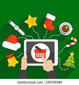 Vector illustration of choosing a Christmas or New Year gift online store with a tablet