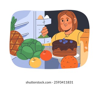 Vector illustration of choosing food from fridge. Woman take nutrition from refrigerator. Snack and dessert meal selection. Dinner and lunch, breakfast supply. People and culinary, nourishment, eating