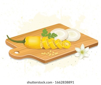 Vector illustration of Chopped yellow chilli pepper with onion slices