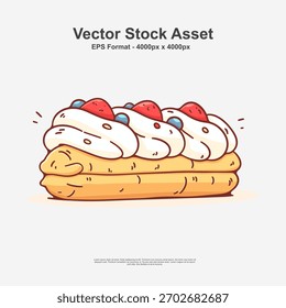 Vector illustration of choux pastry cake with whipped cream, blueberries, and strawberries on top in EPS format. Ideal for bakery menus, dessert branding, cafe graphics, and sweet food designs.