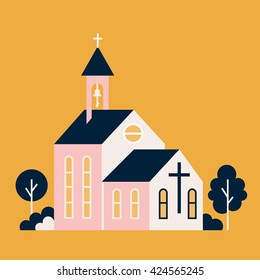 Vector illustration - christian church concepts. Big church and trees in flat style. City religion building.