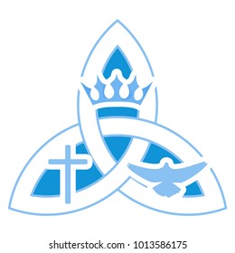 Vector illustration for Christian community: Holy Trinity. Trinity symbol with three hypostases as one God: Crown for the Father, Cross for the Son Jesus Christ, and the Holy Spirit as a dove.
