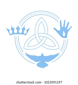 Vector illustration for Christian community: Holy Trinity. Trinity symbol with three hypostases as one God: Crown for the Father, Pierced Hand for the Son Jesus Christ, and the Holy Spirit as a dove.