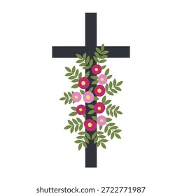 Vector illustration of Christian cross with flowers and leaves. Religious symbol of Easter and faith in flat style. For funeral design, invitation, paschal, flyer, Church celebrating. Hand drawn