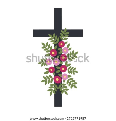 Vector illustration of Christian cross with flowers and leaves. Religious symbol of Easter and faith in flat style. For funeral design, invitation, paschal, flyer, Church celebrating. Hand drawn