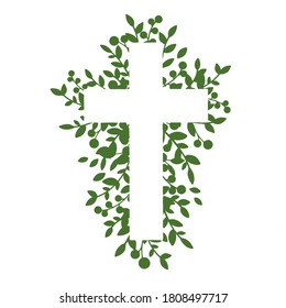 vector illustration.  Christian cross from green leaves, branches.  for Easter, design, postcards, print