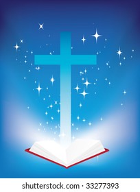 vector illustration of a christian cross and light coming from the bible