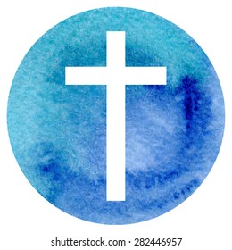 Vector Illustration Of Christian Cross On Bright Blue Circle Watercolor Background.