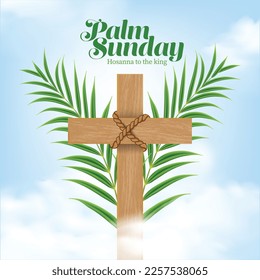 Vector illustration of Christian Palm Sunday with palm branches and leaves and cross illustration