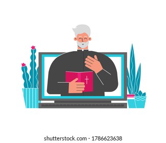 Vector illustration. Christian pastor helps people who stayng home. Priest holds Bible, preaches sermon by web stream from laptop. Online conference  as part of Church Life. Cartoon flat character. 