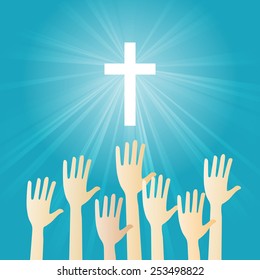 Vector illustration of Christian worship with hands raising.