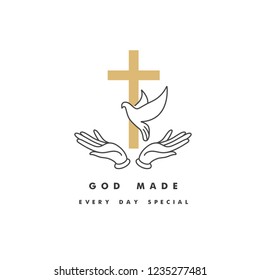 Vector illustration of Christianity symbol of Jesus Christ- cross with hands and flying dove. Religion logo. Golden color. Religion quote