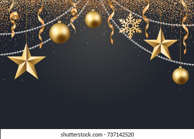 vector illustration of christmas 2017 background with christmas ball star snowflake confetti gold and black colors lace for text 2018