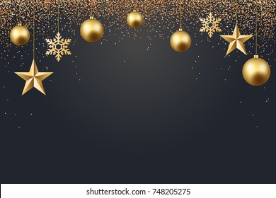 vector illustration of christmas 2017 background with christmas ball star snowflake confetti gold and black color