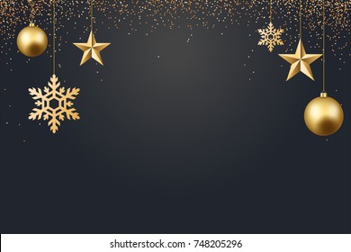 vector illustration of christmas 2017 background with christmas ball star snowflake confetti gold and black colors