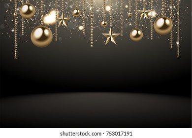 vector illustration of christmas 2017 background with christmas ball star snowflake confetti gold and black colors lace for text 2018