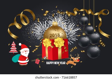 vector illustration of christmas 2018 background with santa claus. Christmas confetti gold and deer