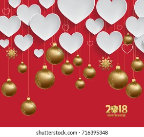 vector illustration of christmas 2018 heart background with christmas balls gold