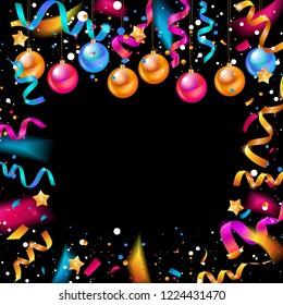 Vector illustration of christmas 2019 background with christmas color balls snowflake confetti gold and black color