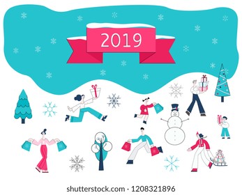 Vector illustration of Christmas and 2019 New Year banner with flat people carrying shopping bags and wrapped gift boxes surrounded by winter holidays decorative elements.