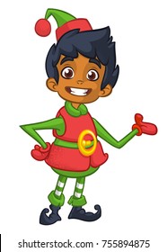 Vector illustration of Christmas afro-american or arab boy elf cartoon. Cute Happy Dwarf Santa Helper Presenting