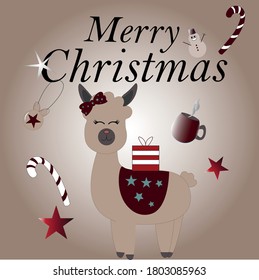 Vector illustration of a Christmas alpaca decorating with winter details like red stars, toys and sweets on beige background  