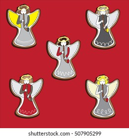 Vector illustration of christmas angels playing the flutes on the red background