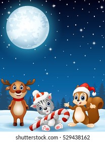 Vector illustration of Christmas animals in the winter night background