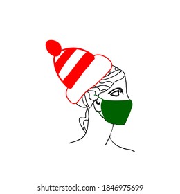 Vector illustration of Christmas with Aphrodite wearing a green mask and a red hat.Winter coronovirus picture with a Christmas man.The mythology of ancient Greece in modern processing.