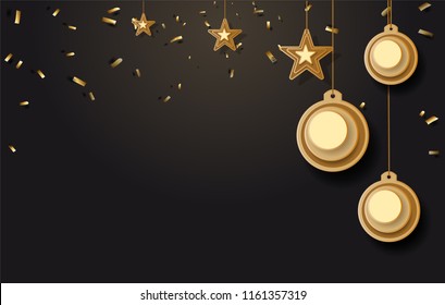 vector illustration of christmas background with christmas ball star snowflake confetti gold and black colors lace for text 2019. Vector illustration.
