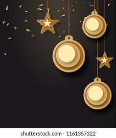 vector illustration of christmas background with christmas ball star snowflake confetti gold and black colors lace for text 2019. Vector illustration.
