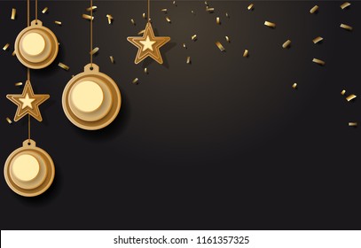 vector illustration of christmas background with christmas ball star snowflake confetti gold and black colors lace for text 2019. Vector illustration.