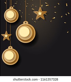 vector illustration of christmas background with christmas ball star snowflake confetti gold and black colors lace for text 2019. Vector illustration.