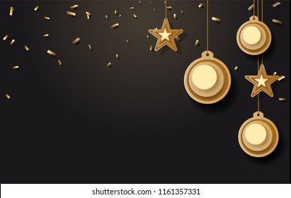 vector illustration of christmas background with christmas ball star snowflake confetti gold and black colors lace for text 2019. Vector illustration.