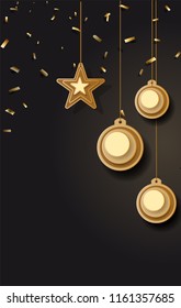 vector illustration of christmas background with christmas ball star snowflake confetti gold and black colors lace for text 2019. Vector illustration.