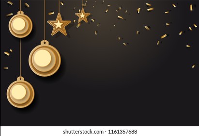 vector illustration of christmas background with christmas ball star snowflake confetti gold and black colors lace for text 2019. Vector illustration.