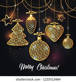 Vector illustration of christmas background with christmas ball star snowflake confetti gold on black color.
