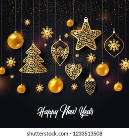 Vector illustration of christmas background with christmas ball star snowflake confetti gold on black color.